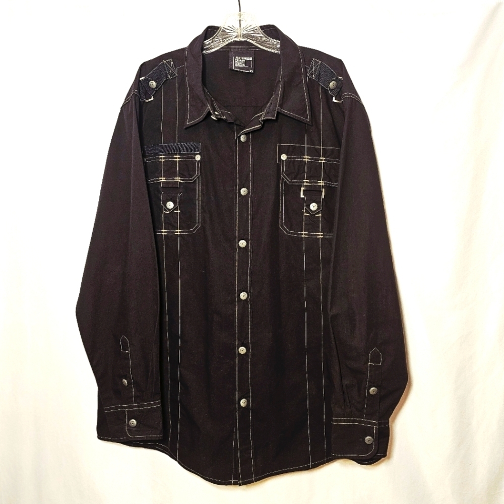 AK:CESS Mens Casual Black Button-down Long Sleeve Shirt with Stitching 2X